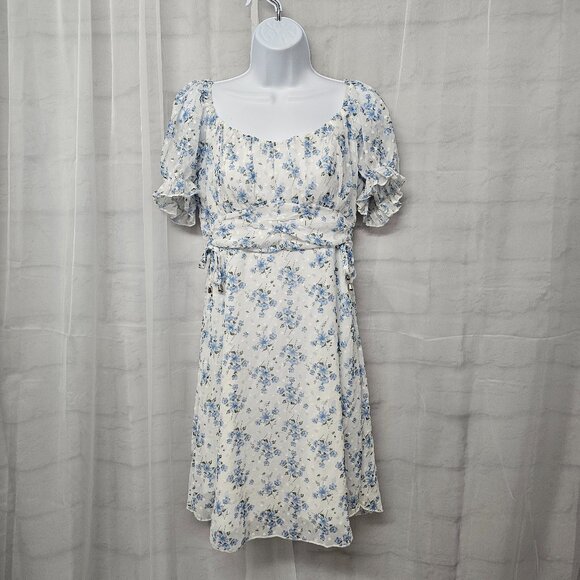 Simplee Mini Dress White Blue Floral Y2K Cottage Coquette Milkmaid L NWT - Picture 1 of 15